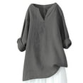 thumbnail image 2 of QUNYINEY Colorblock T Shirts for Women Gray V-Neck Long Sleeve Casual Tops Loose Pullover Drop Shoulder Cotton Linen T-Shirts, 2 of 3