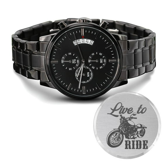 Live To Ride Engraved Motorcycle Rider Men's Watch Multifunction Stainless Steel W Copper Dial