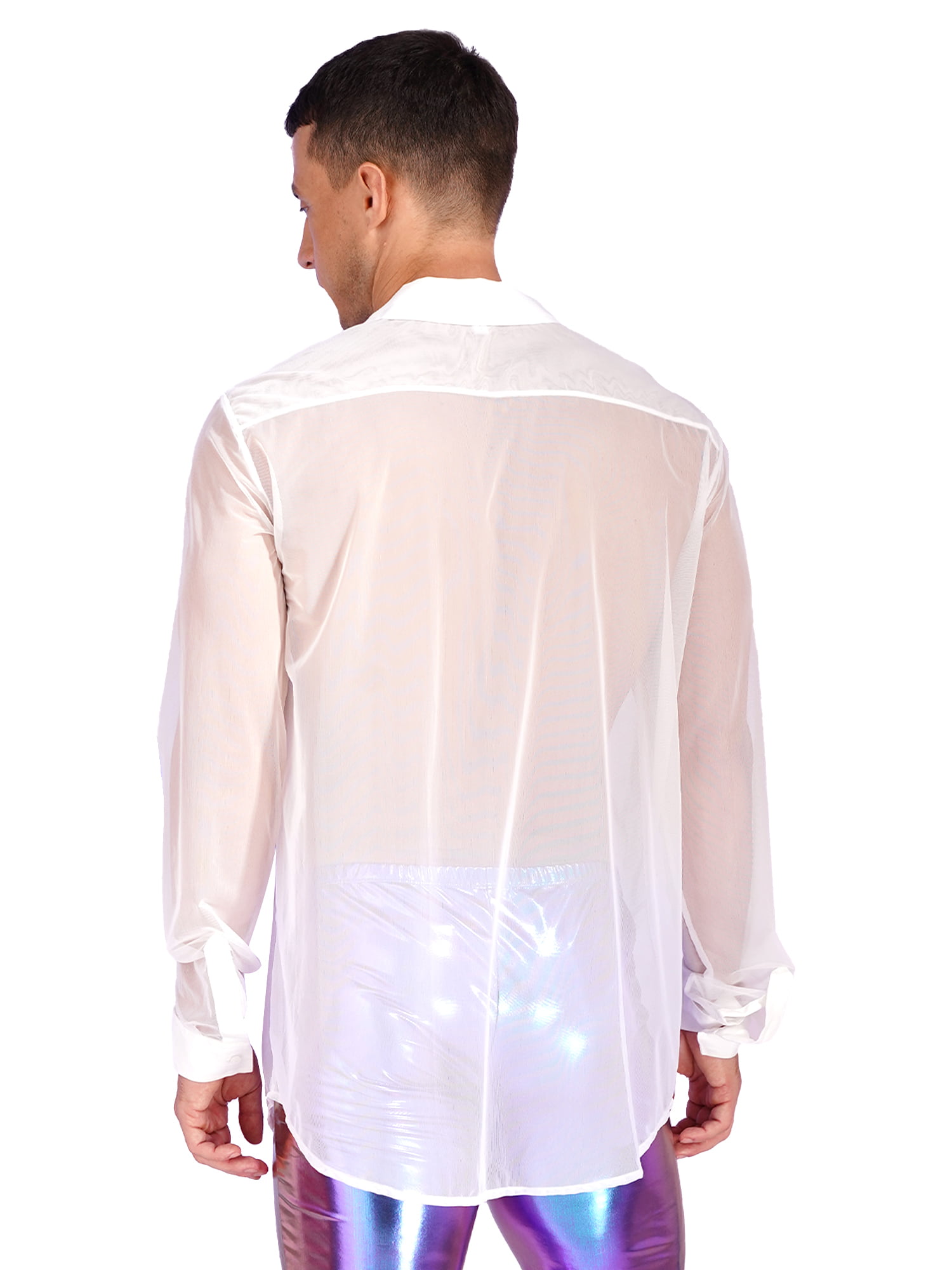 YIZYIF Mens See Through Mesh Long Sleeve T Shirt Casual Button Down Tops  Club Beach Wear White XX-Large