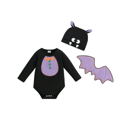 

Baby Black Short Sleeve Pattern Print Romper with Hat and Bat Wing