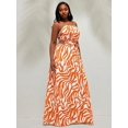 thumbnail image 6 of Orange Abstract Zebra Print Halter Neck Tie Waist A-Line Maxi Dress For Women, 6 of 8