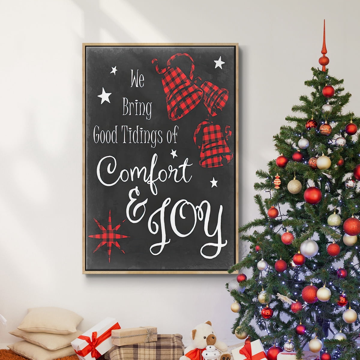 Comfort and Joy in Red - Framed Gallery Wrapped Holiday Canvas - 25 x 37 - Natural Wood Frame