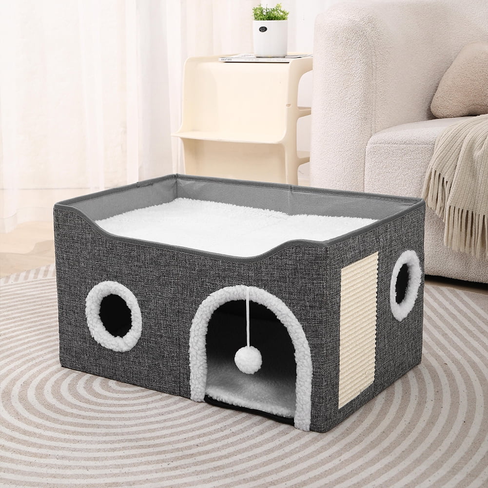 Large Cat Bed Cave Cat Hideaway, Foldable Cat Scratcher House, Big Cat Bed for Idoor, Cute Cave with Ball Toy, Fabric Pet Furniture, Big Condo for Multi Small Pet Large Kitten Kitty