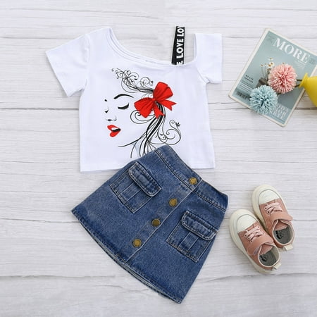 

MyBeauty 2Pcs/Set Kids Outfit Irregular Neck Denim Skirt Pretty Short-sleeved Summer Floral Print Girls Outfit for Going Out White 2 Years