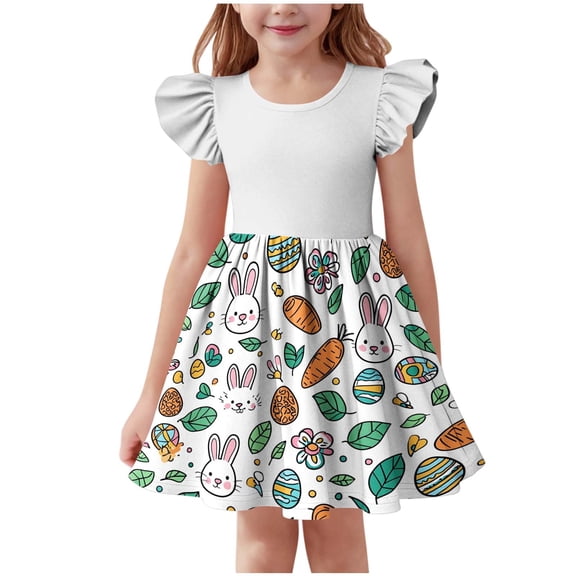 Riecok Girls Easter Dress Crewneck Flutter Short Sleeve A Line Mini Dresses Flowy Bunny Eggs Print Vacation Outfits