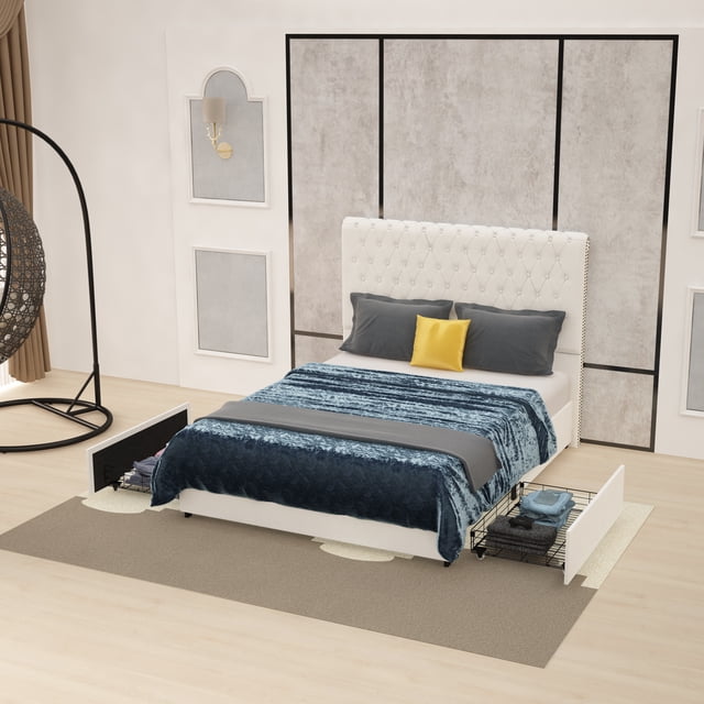 ULEW | Cama Queen Tapizada en Terciopelo con Marco Metálico | Estructura de Madera Contrachapada y Espuma | Diseño Elegante y Confortable| Tamaño 220x157x128 cm