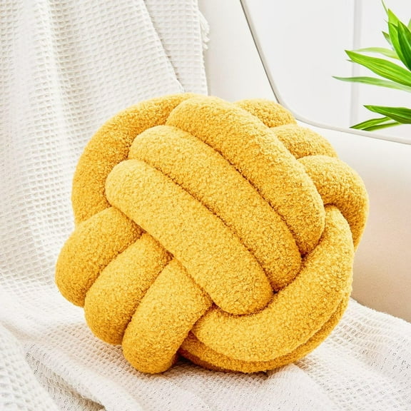 Knot Pillows Ball, Soft Home Decorative Round Throw Pillow for Bed Bedroom, Sofa, Couch, Outdoor, Handmade Knotted Plush Pillows, Round Boucle Pillow Cushion (8.6 Inches Dark Yellow)