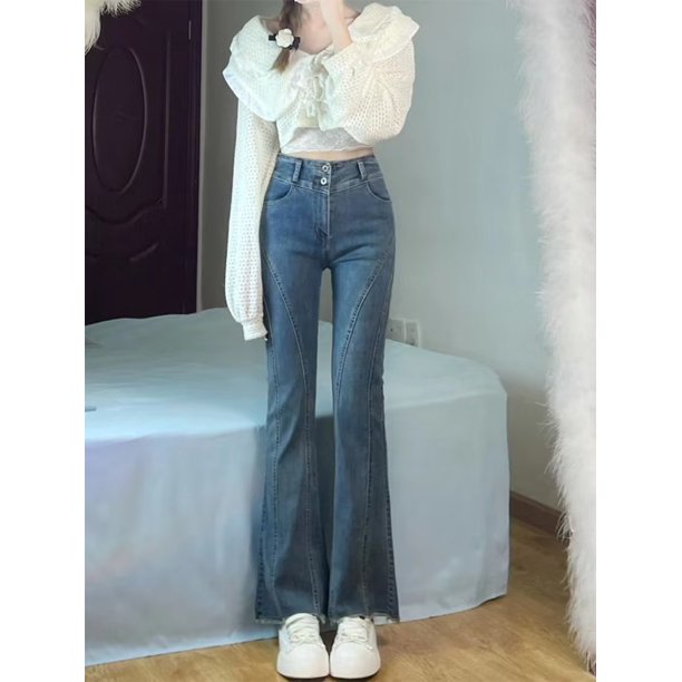 Pantalones vaqueros de estilo coreano para mujer, Jeans sueltos de nicho con piernas anchas para mujer, Pantalones rectos casuales de cintura alta, moda