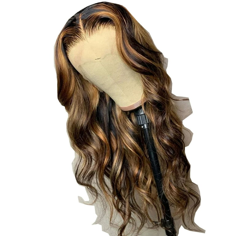HD Lace Front Long Brown with Highlights Wavy Heat Resistant Wig Long Deep Curly Synthetic Wigs Ombre Dark Brown Blonde  main image 4