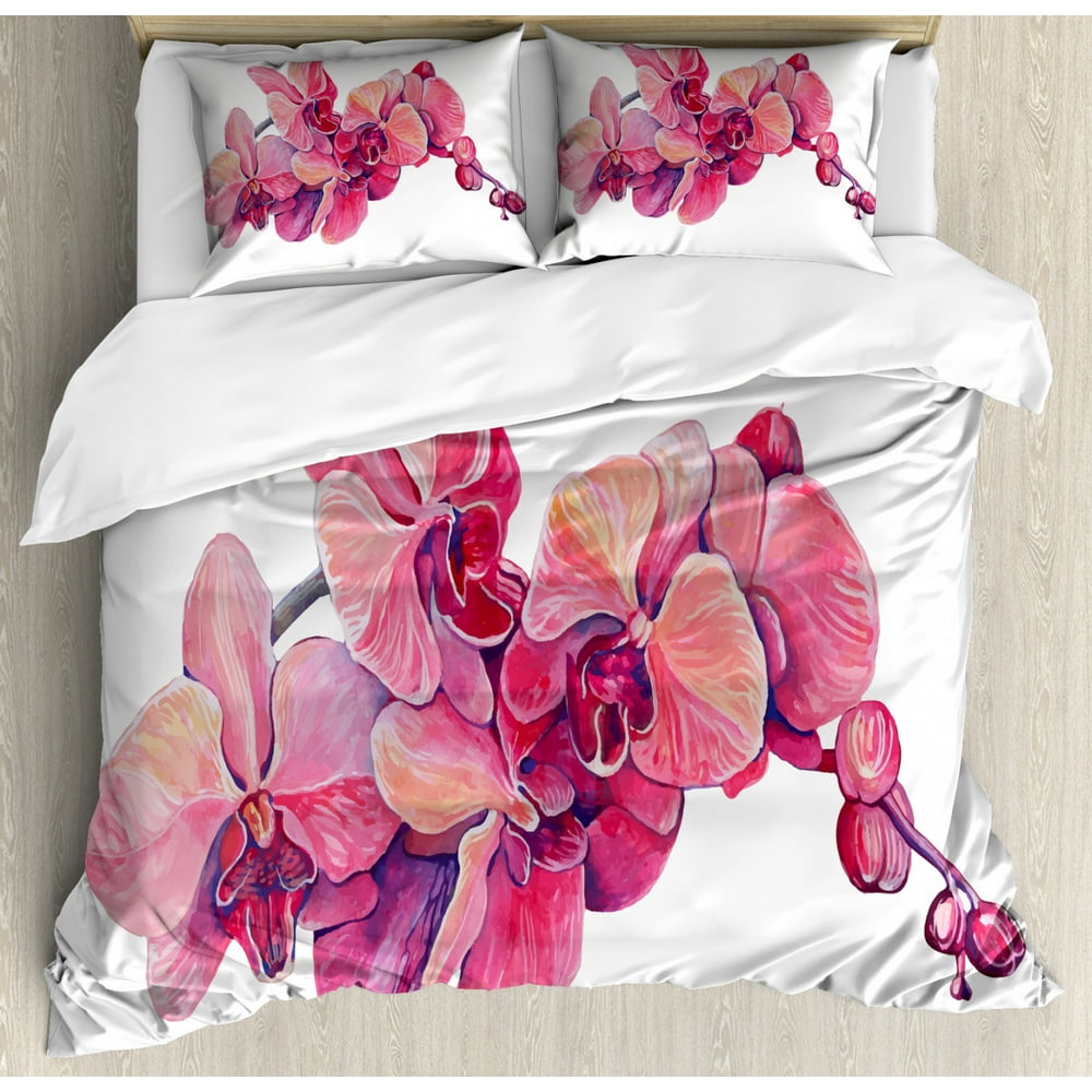 Orchids Duvet Cover Set King Size, Artistic Closeup of Pink Orchid