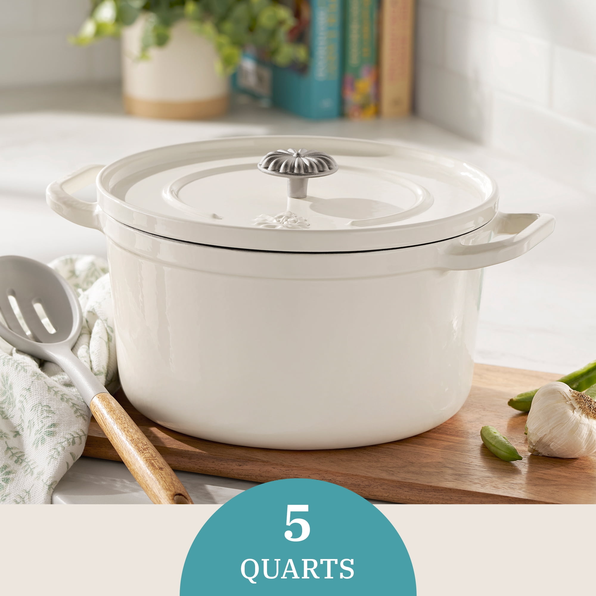 The Pioneer Woman 5 qt Enameled Cast Iron Dutch Oven Pot with Side Handles and Self-Basting Lid, Linen