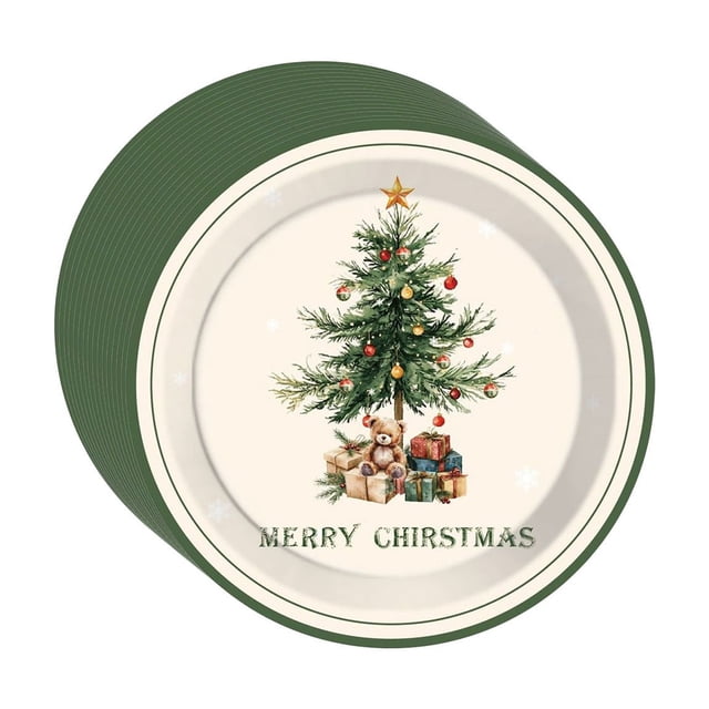 BAOPAI 16pcs Christmas Paper Tray Disposable Christmas Tree Pattern Circular Plates Used For Christmas And Birthday Party Table Decorations 9in Or 7in