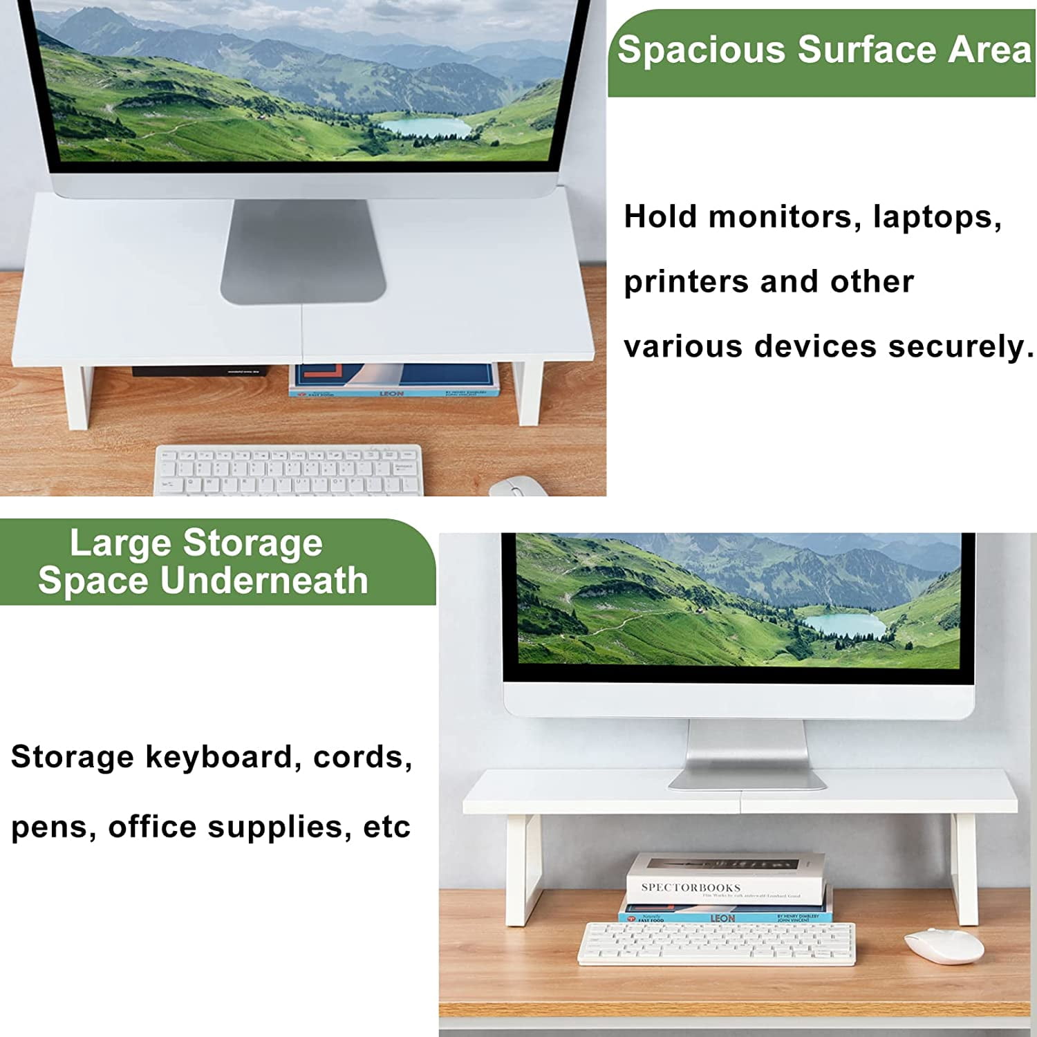 24 inch Monitor Stand Riser, White Wood & Steel Computer Monitor Stand with Storage, Laptop, PC, Printer Stand Riser for Desktop Office Desk Organizers