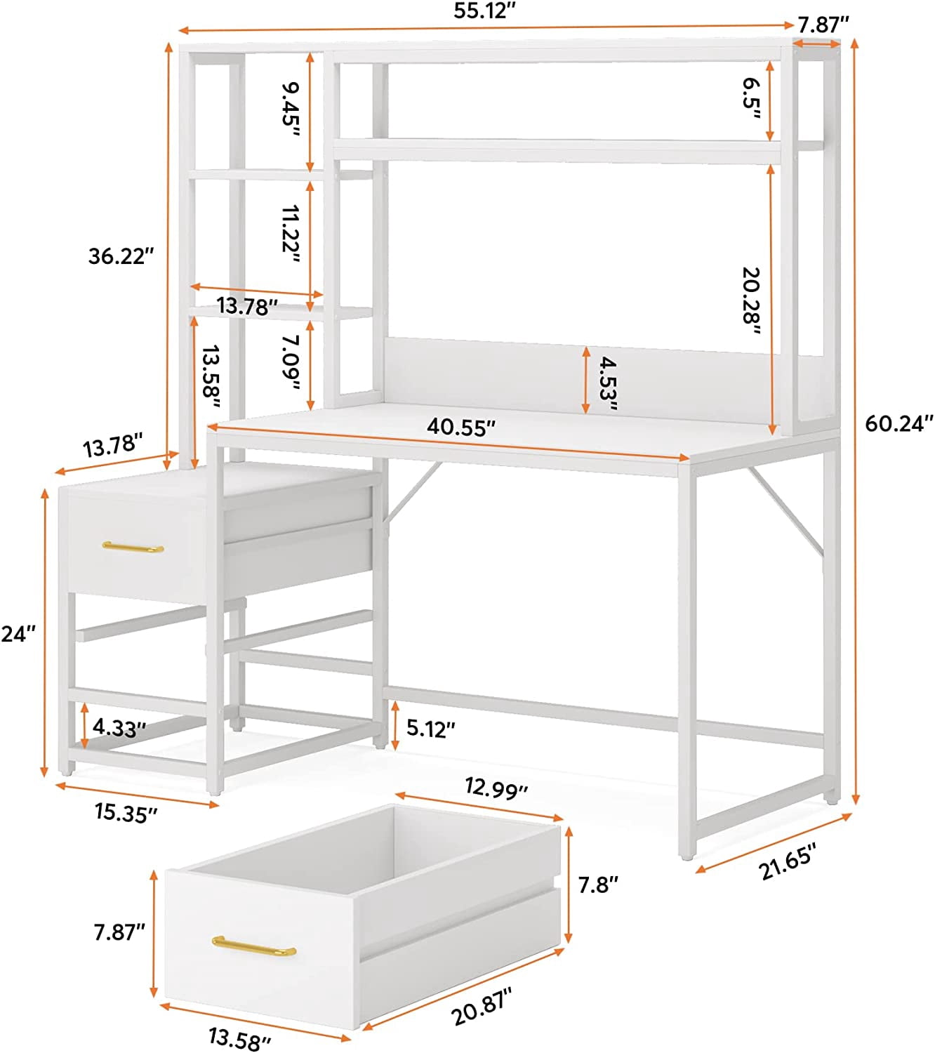 55 Inch Computer Desk with 2 Drawers and Storage Shelves, Wihite Office Desk with Hutch, Modern Study Writing Gaming Table Laptop Workstation for Home Office (White)