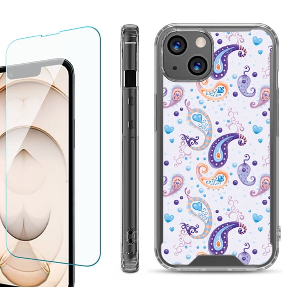 Shockproof Bumper Phone Case for iPhone 13, with Tempered Glass Screen Protector, by OneToughShield ® - Paisley Purple