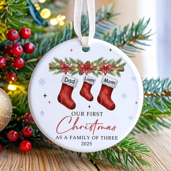 Personalized Family of Three Christmas Ornament, Custom Name Family Keepsake, Baby's First Christmas 2025, Family Holiday Gift