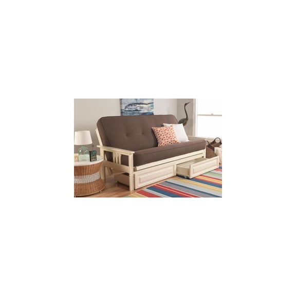 French Country Full Futon Frame Set with Mattress and Storage Drawers, Classic Foldable Hardwood Frame, Easily Converts To Bed