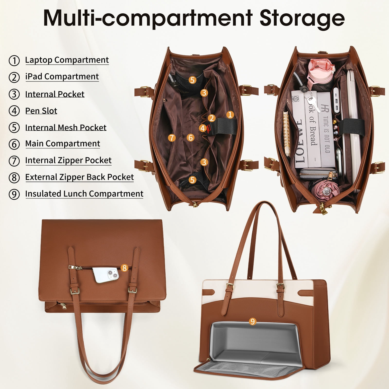 RAINSMORE 15.6 inch Lunch Tote Bag for Women Laptop Bags with Insulated Lunch Compartment Teacher Work Bag for Office Travel,BrownWhite