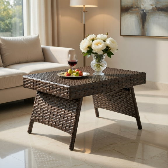 Yardi Yard Folding PE Rattan Side Coffee Table Patio Garden Furniture-Brown for Outside Patio, Square