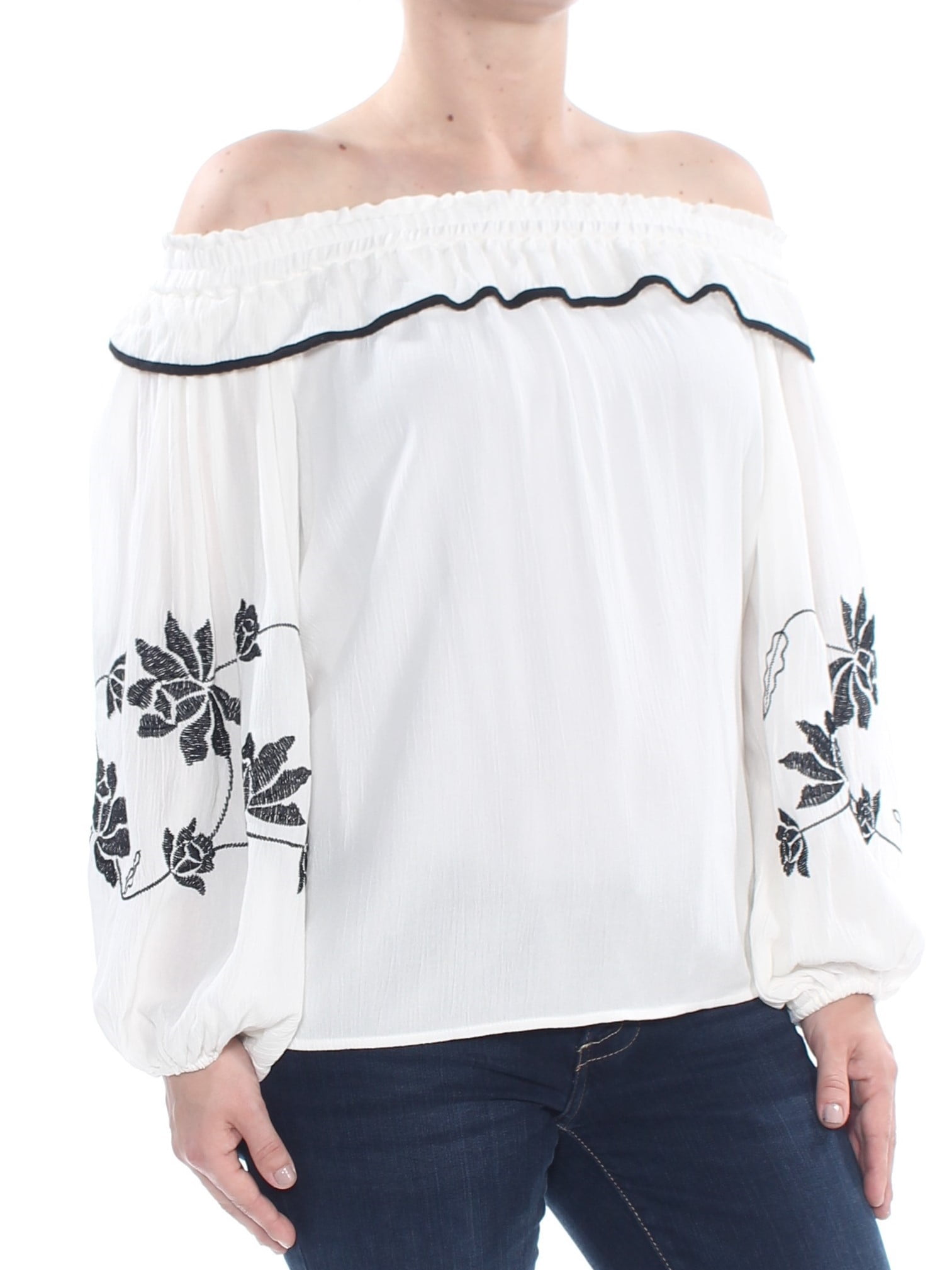 CeCe - CECE Womens Ivory Embroidered Long Sleeve Off Shoulder Top Size