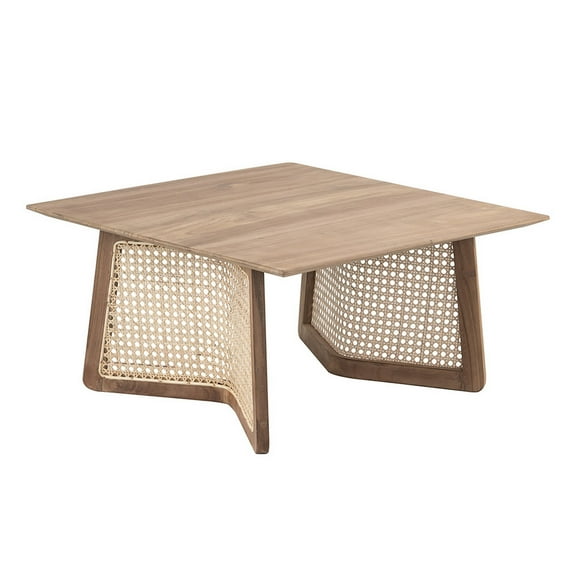Benjara 28" Coffee Table- Square Top- Rattan Cane Base- Teak Wood- Brown