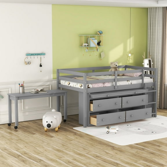 Twin Size Solid and Stable Loft Bed with Retractable Writing Desk and 4 Drawers, Wooden Loft Bed with Lateral Portable Desk and Shelves (Gray)