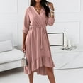thumbnail image 4 of Fesfesfes Women Dress Spring And Fall V-Neck Solid Color Long-Sleeved Temperament Lace-Up Waist Slim Fit Ruffles Skirt Dress Tops on, 4 of 9