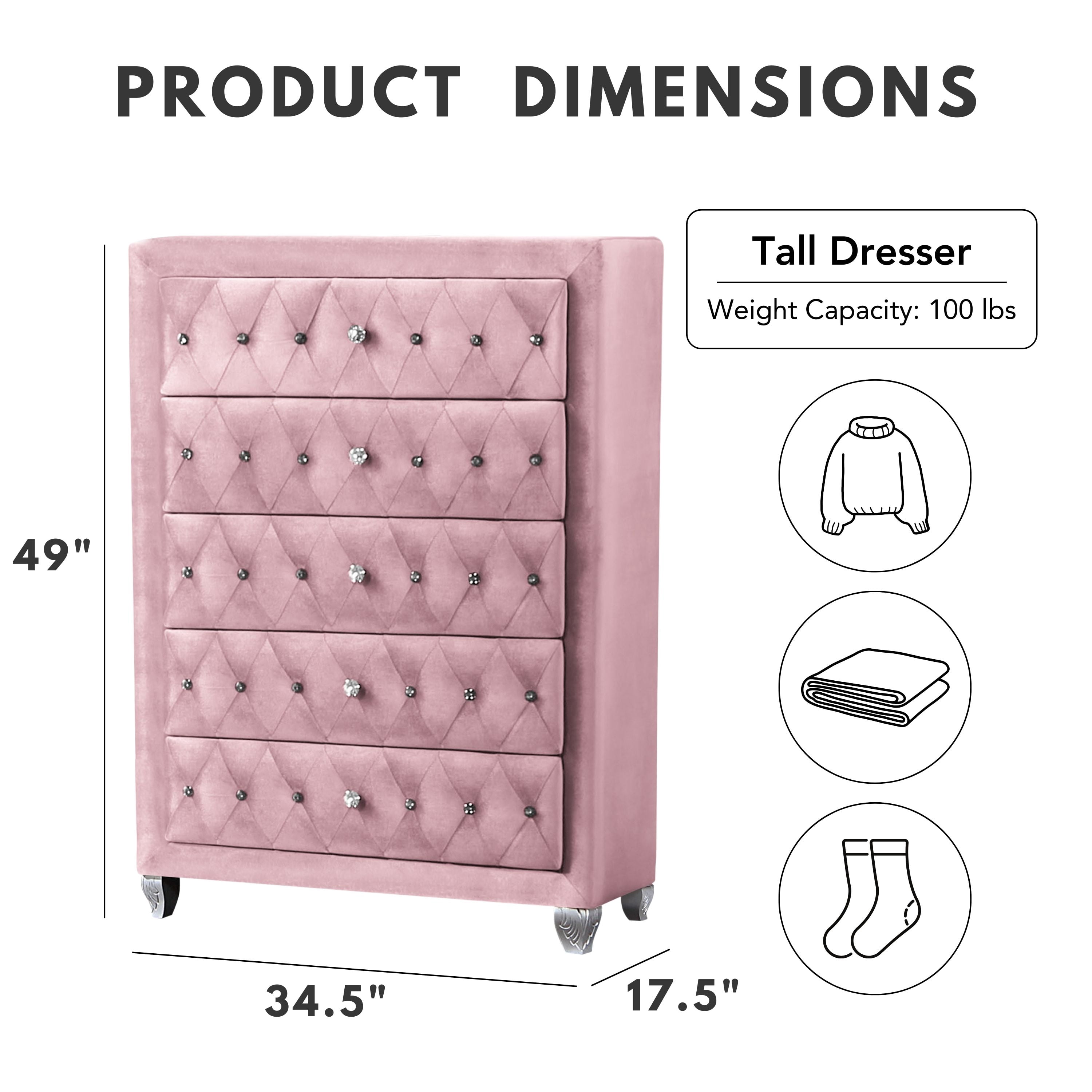 Furniture of America Breand Adult Glam 5-Drawer Vertical Dresser, Pink