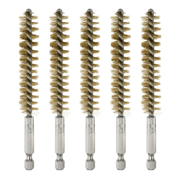 Unique Bargains 5Pcs Bore Brush Brass 14mm Dia Cleaning Bronze Wire Brush Tube Pipe Cleaner with Handle 1/4 Inch Hex Shank