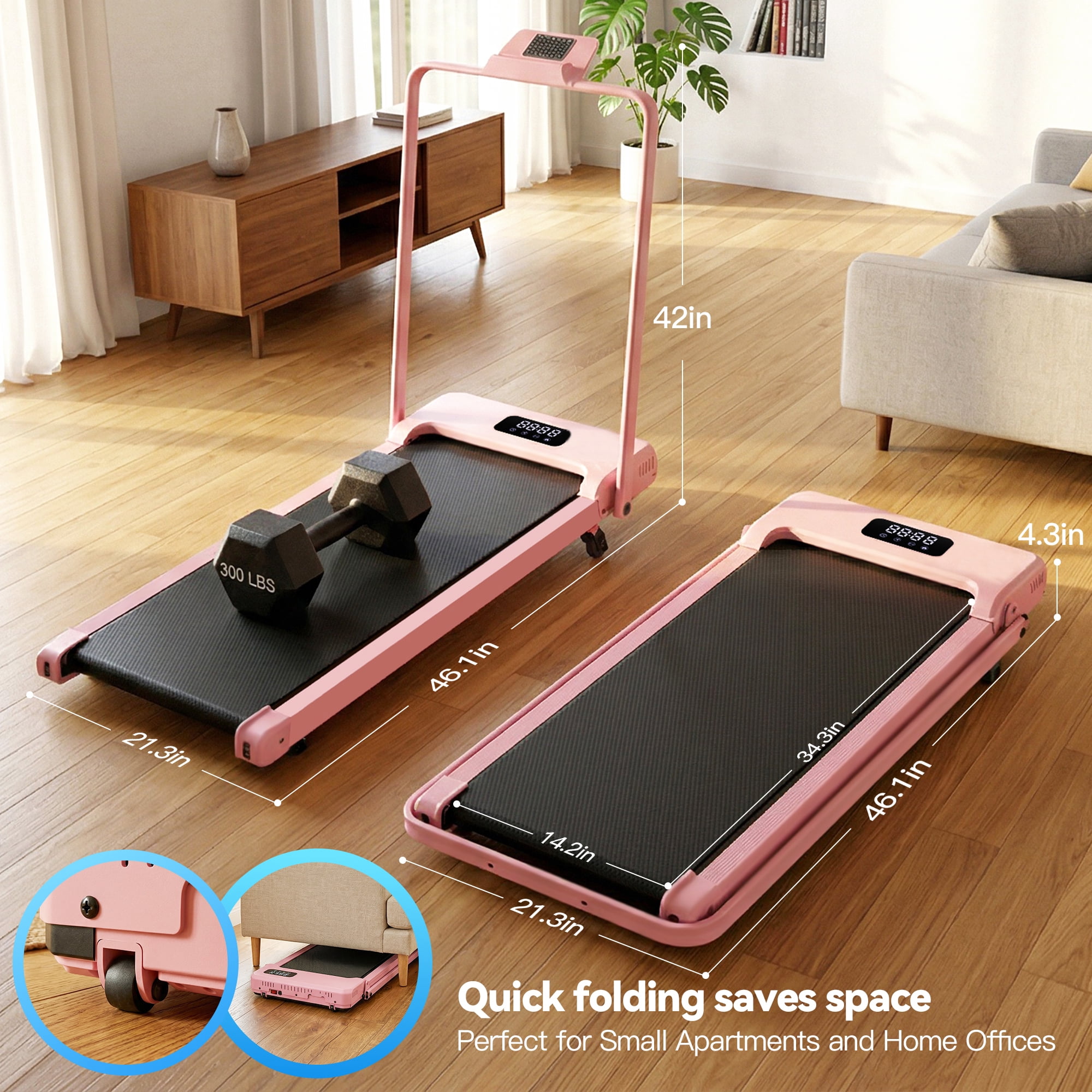 Simpfree Walking Pad with Handle Bar and Adjustable Incline, 2.5HP Portable Under Desk Treadmill for Home Small Space 300 Lbs Capacity，Remote Control and LED Display