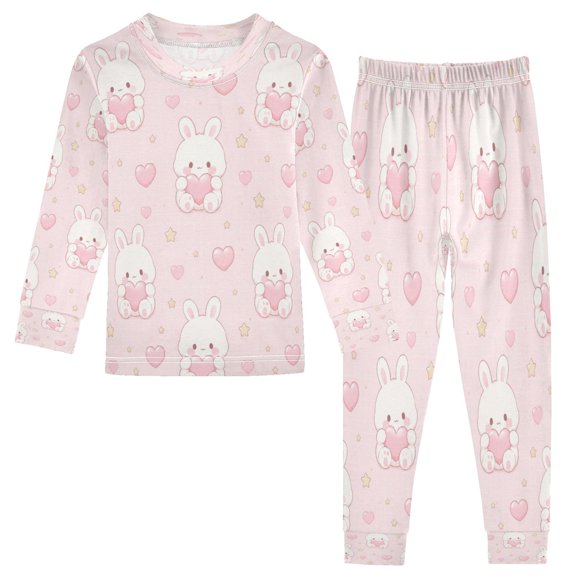 Cotton Children's Pajama Set with Long Sleeve Top and Pants for Boys & Girls Rabbit and Heart Patterns 18M