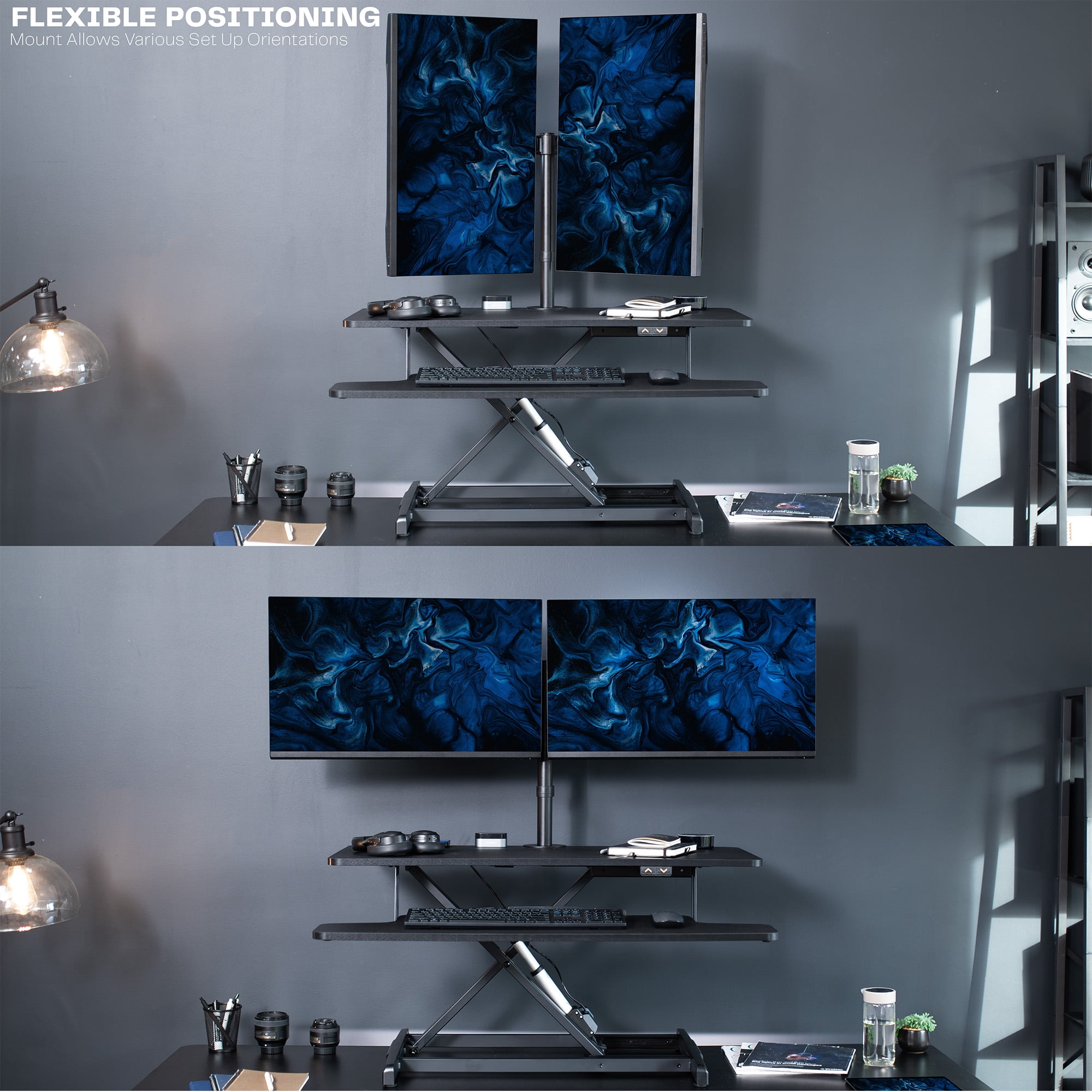 VIVO Black 36" Electric Desk Riser with Dual Monitor Arm for up to 30" Screens