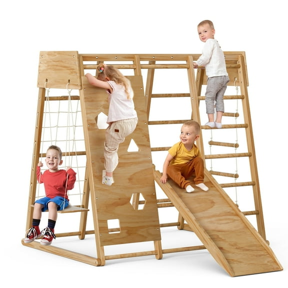 GIKPAL 8-in-1 Wooden Indoor Climbing Toys Kids Playground for Toddlers, Jungle Gym with Slide,Climber Playset with Rope Wall Climb, Monkey Bars and Swing for Boys Girls