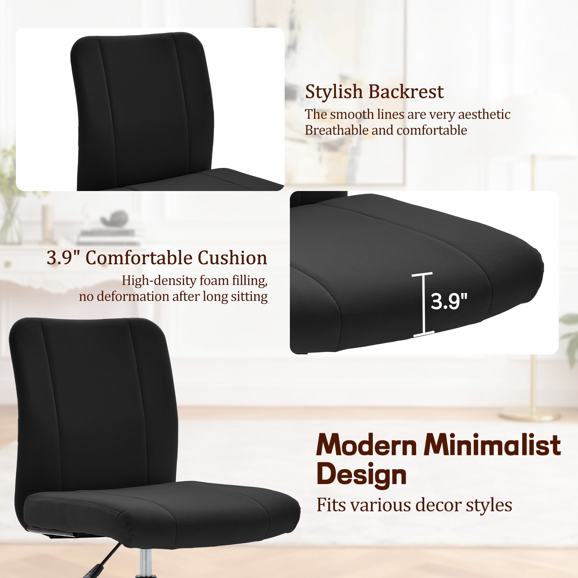 Korser Armless Home Office Desk Chair with Back Modern Vanity Chair with Adjustable Height,360° Swivel Task Chair,Velvet,Black