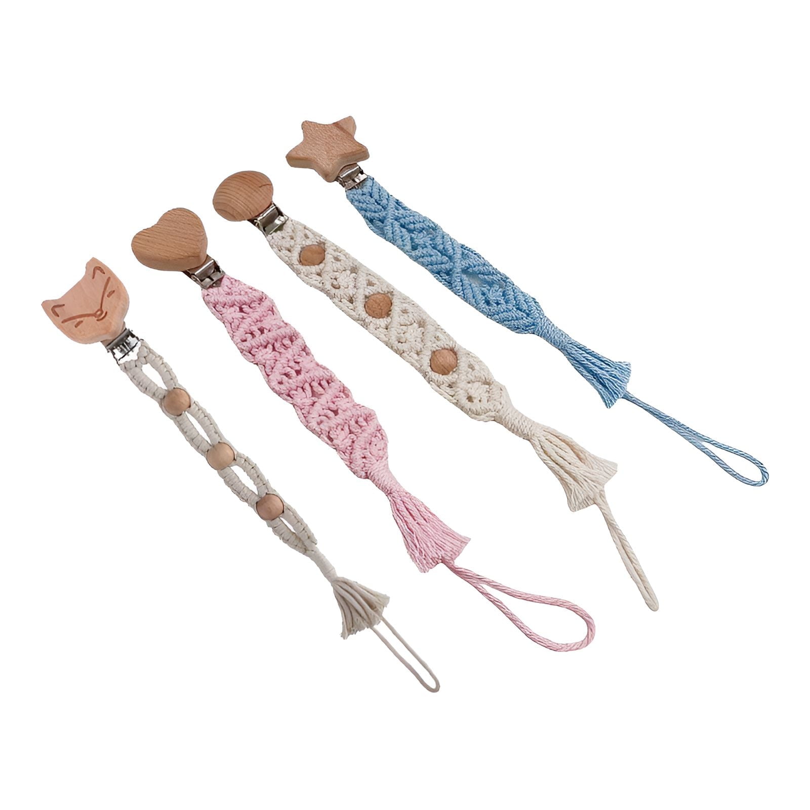 XIRQI 4 Pack Wooden Pacifier Clips for Babies Hand-Woven Binky Holder Strap Universal Teether and Toy Leash for Stroller Crib Travel Cute Cartoon Design