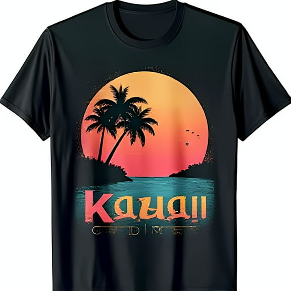 Vintage Kauai Sunset T-Shirt Retro Trees & Ocean Design on Black Tee
