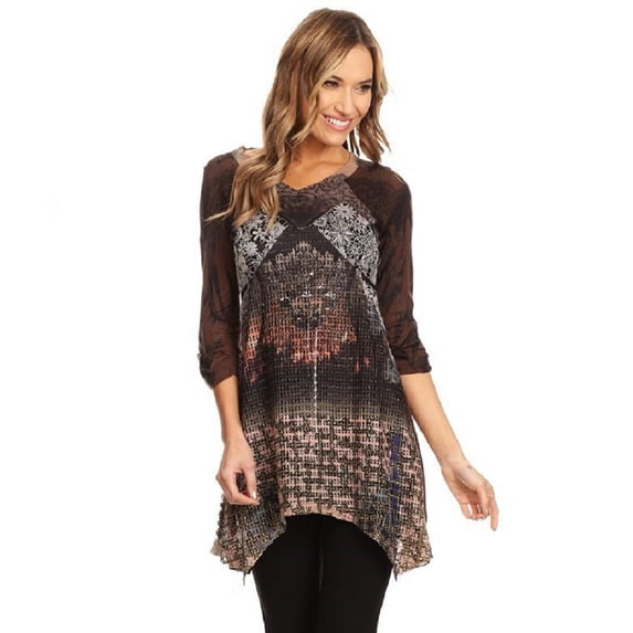 High Secret Women's Brown Patchwork V-Neck Tunic Top
