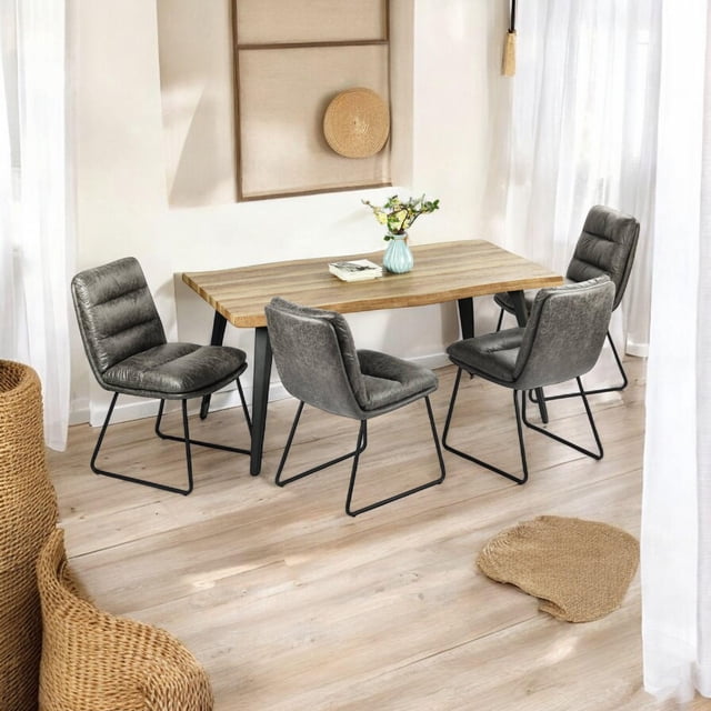 Homy Casa 63 inch 5-Piece Dining Set, Faux Wood Live Edge Table Faux Leather Upholstered Side Chairs