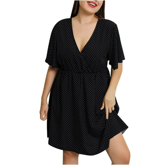 ibuvkizy Women Plus Size Casual Dress Summer Fashion Dress V Neck Printed Short Sleeve Comfortable Loose Dress Beach Sundresses