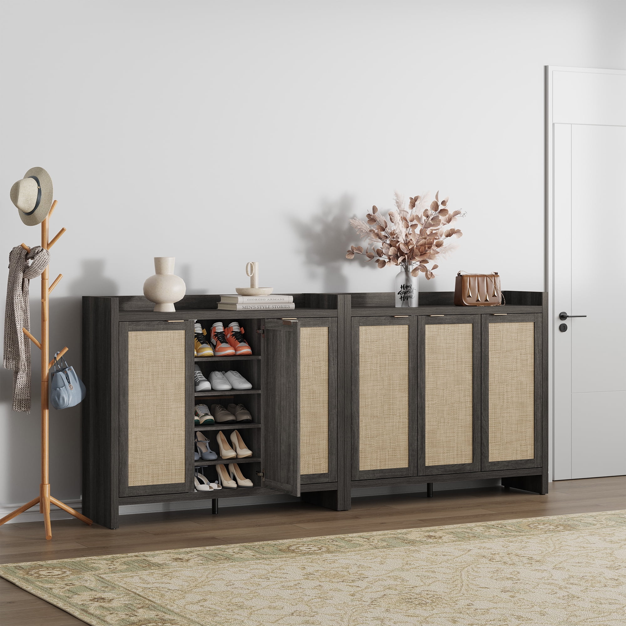 SICOTAS 7 Tier Shoe Storage Cabinet for Entryway, 30 Pairs Rattan Shoe Rack Cabinet with Doors & Adjustable Shelves, Boho Shoe Organizer Cabinet for Hallway, Black Oak