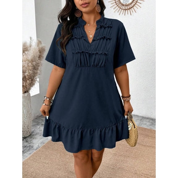 Plus Size Women Solid Color Casual V-Neck Ruched Cut-Out Midi Dress