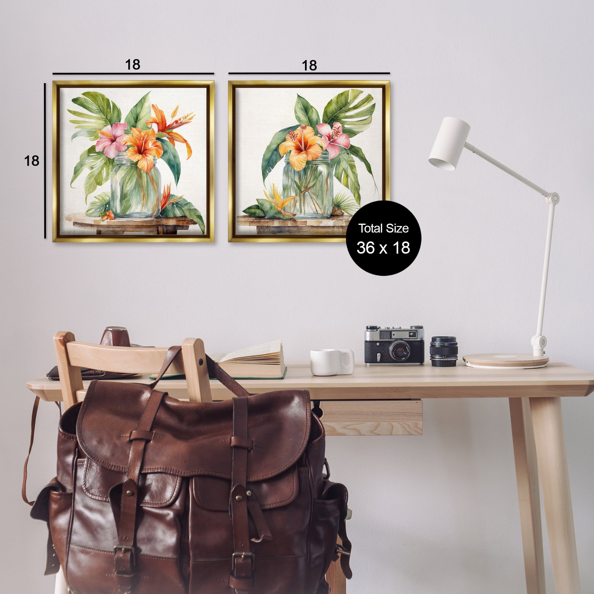 Stupell Industries Tropical Hibiscus Floral Jar Plants & Flowers Painting Gold Floater Framed Canvas Art Print Wall Art, 18 x 18, Set of 2