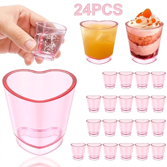 24pcs Pink Shot Glass Set Heart Shaped Shot Glasses Set 1.5 oz Plastic Shot Glass with Heavy Base Shot Glasses for Whiskey Tequila Spirits & Liquors Valentine's Day Bachelor Party