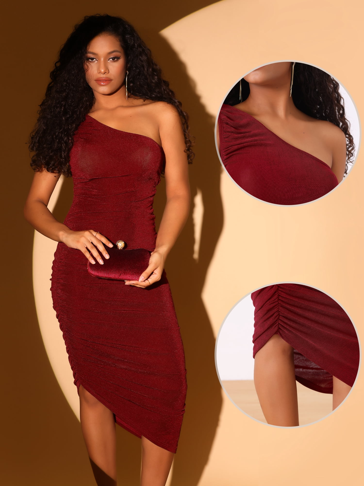 DARING DIVA Women's Ruched Bodycon Sleeveless One Shoulder Long Dresses S Red