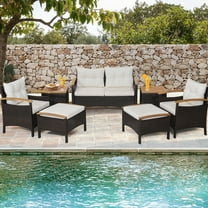 Costway 7 Piece Pe Rattan Outdoor Patio Bar Set with Ottoman, Black/Off White