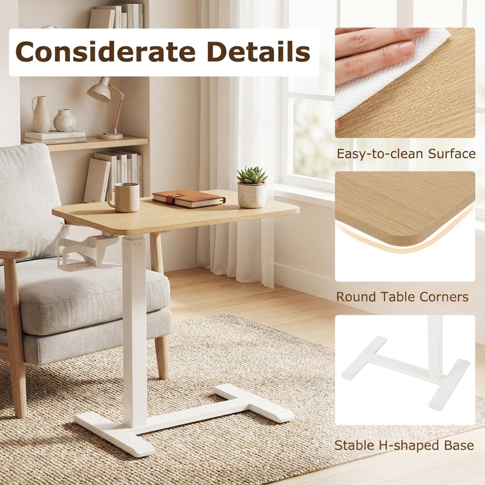 Furnibear Mobile Height Adjustable Overbed Bedside Table with Cup Holder and Wheels C Shaped Side Table for Bedroom Sofa, Natural