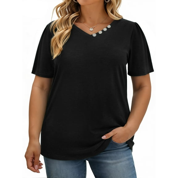 WellSize Plus Size Blouses for Women Button Tunic Tops V Neck Short Sleeve Summer Shirts