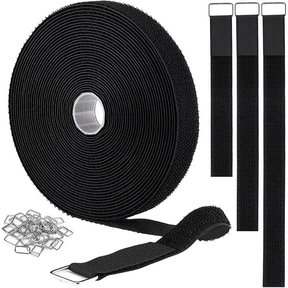 ZGDong Velcro Straps 32ft x 1in with 50 Metal Buckles - Adjustable Hook and Loop Cable Ties, Reusable Fastening Straps for  Cord Management & Organization (Black)