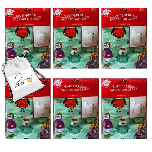 (6) Christmas Gift Bag 36x44 in. Giant Bags for Huge Gifts Oversized Xmas Present Gift Bags Plastic Wrapping Sack for Kids Adults Party Favor Set