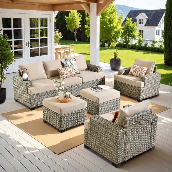 XIZZI Outdoor Patio Furniture Sets, 7 Pieces Outdoor Sectional wicker patio furniture with Cushion Ottoman, All-Weather Waterproof Outdoor Conversation set for Porch, Beige